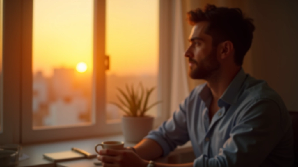 شخص يرتاح بعد يوم منتج مع قهوة في يد ويشاهد غروب الشمس